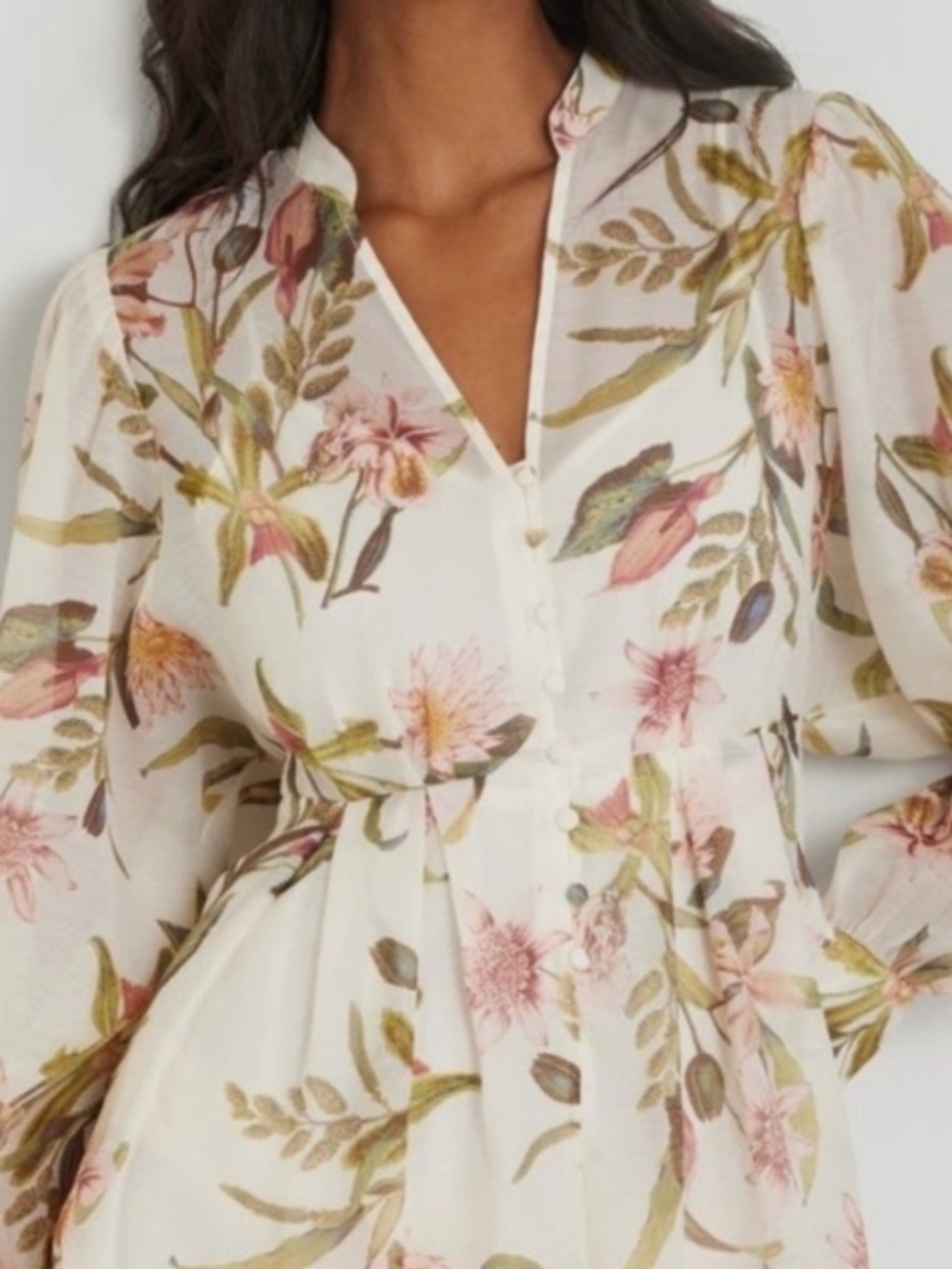 Women's Floral V-Neck Button Front Dress - White with Pink & Green Floral